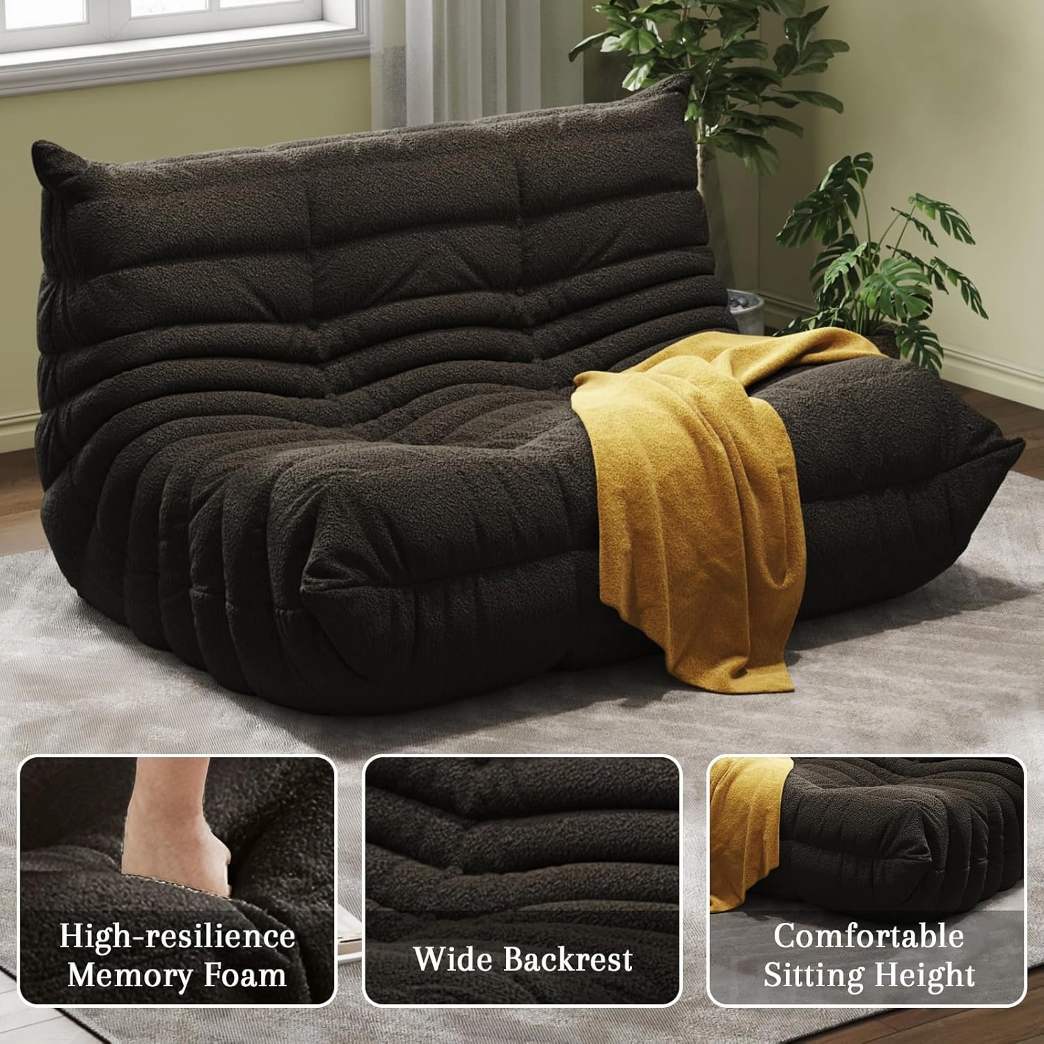 Bean Bag Chairs for Adults, Memory Foam Couch Loveseat Sofa Chair, Soft Teddy Material Cozy Comfy Reading Nook Chairs, Floor Chair for Living Room Bedroom Office(Black)