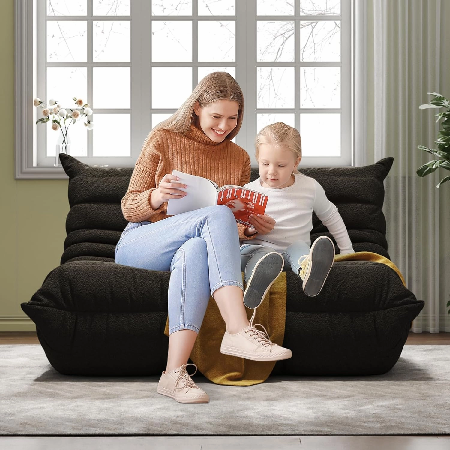 Bean Bag Chairs for Adults, Memory Foam Couch Loveseat Sofa Chair, Soft Teddy Material Cozy Comfy Reading Nook Chairs, Floor Chair for Living Room Bedroom Office(Black)