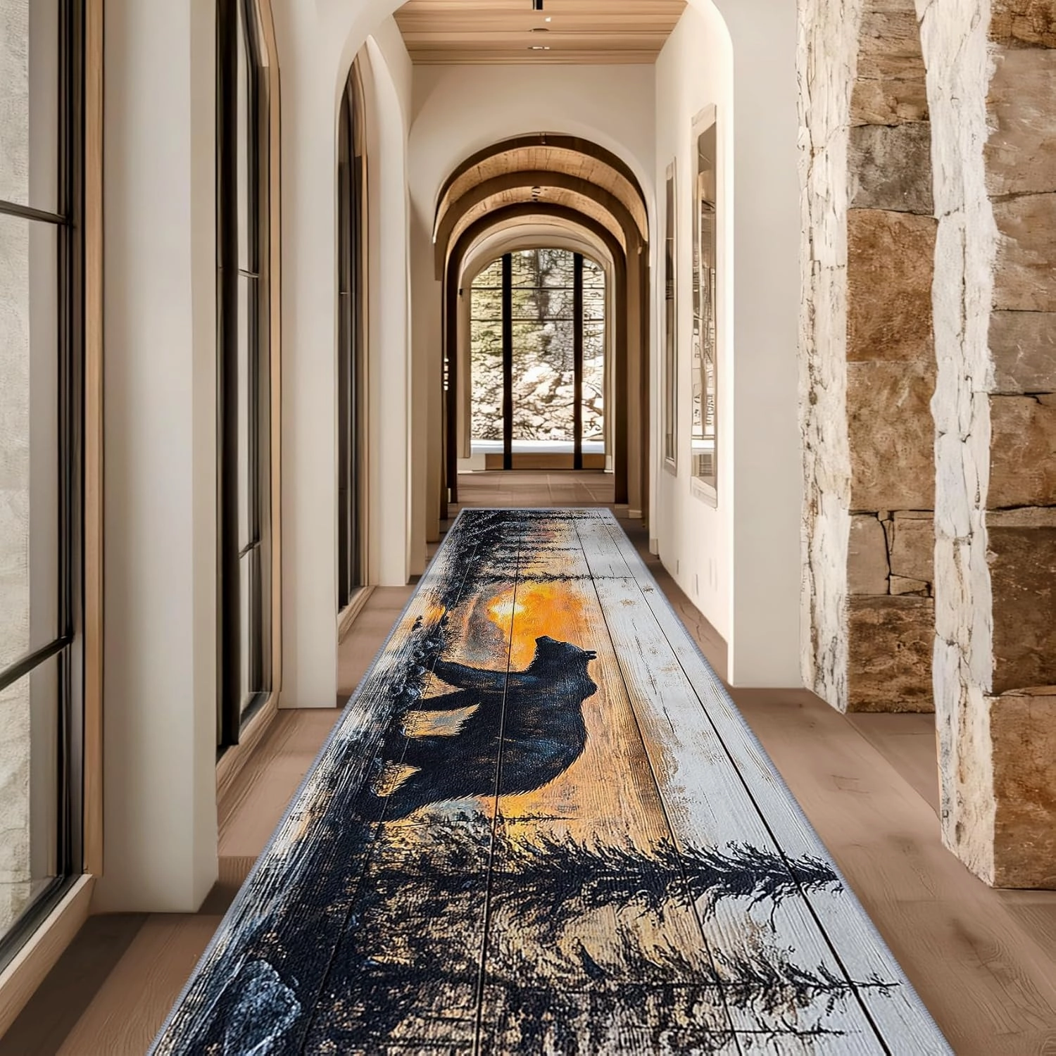 Bear Runner Rugs for Hallway 2x6, Bear Runner Rug, 2x8ft, Rustic Forest Sunset Landscape Runner Rugs, Cabin Lodge Farmhouse Easy Clean Washable Runners Carpet - Bear Home Decor