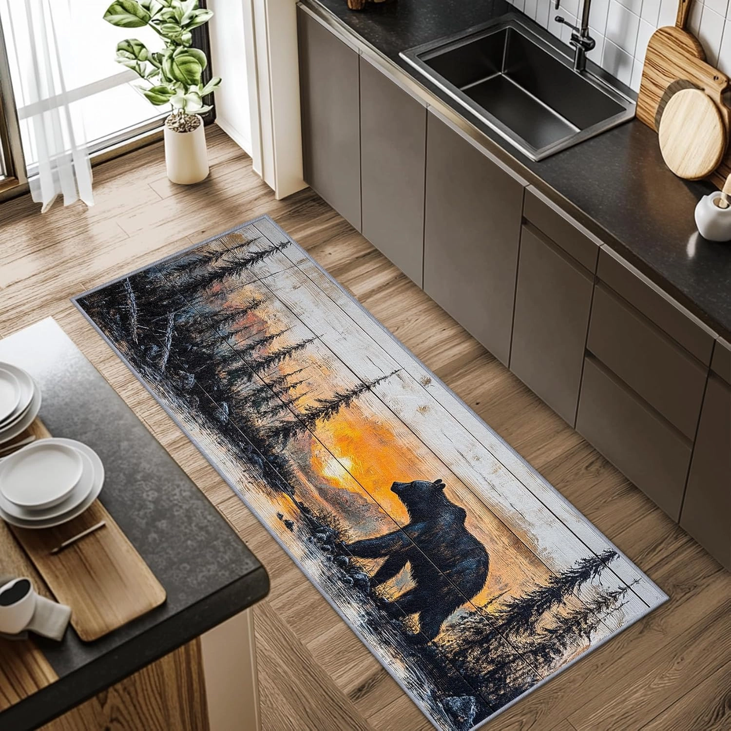 Bear Runner Rugs for Hallway 2x6, Bear Runner Rug, 2x8ft, Rustic Forest Sunset Landscape Runner Rugs, Cabin Lodge Farmhouse Easy Clean Washable Runners Carpet - Bear Home Decor
