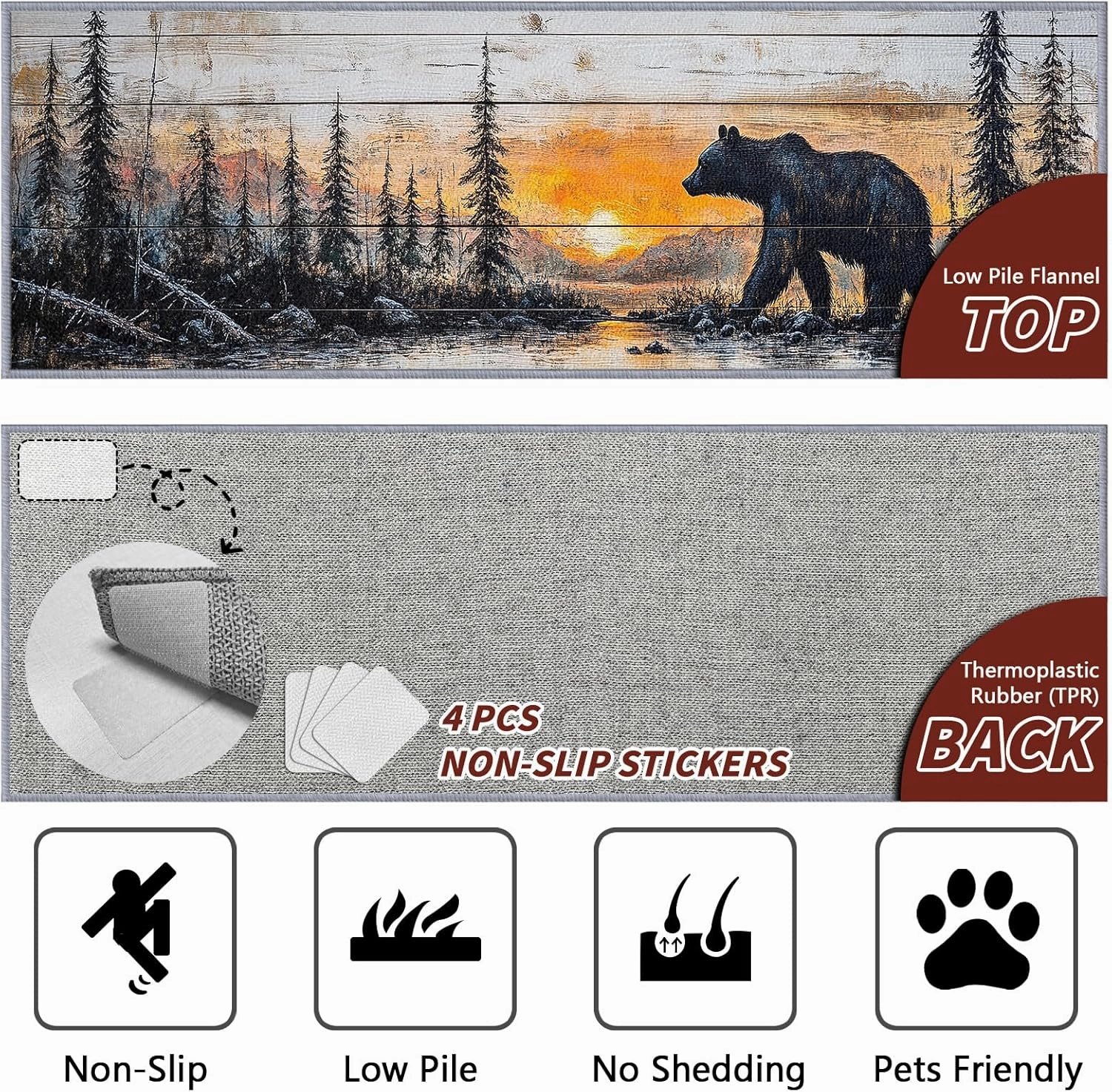 Bear Runner Rugs for Hallway 2x6, Bear Runner Rug, 2x8ft, Rustic Forest Sunset Landscape Runner Rugs, Cabin Lodge Farmhouse Easy Clean Washable Runners Carpet - Bear Home Decor