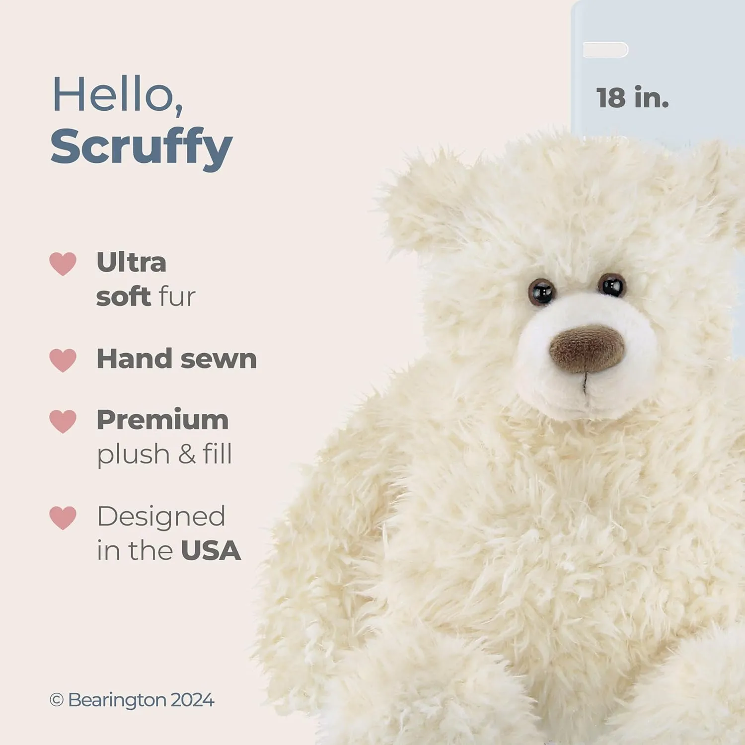 Bearington Scruffy White Plush Teddy Bear Stuffed Animal, 18 inch