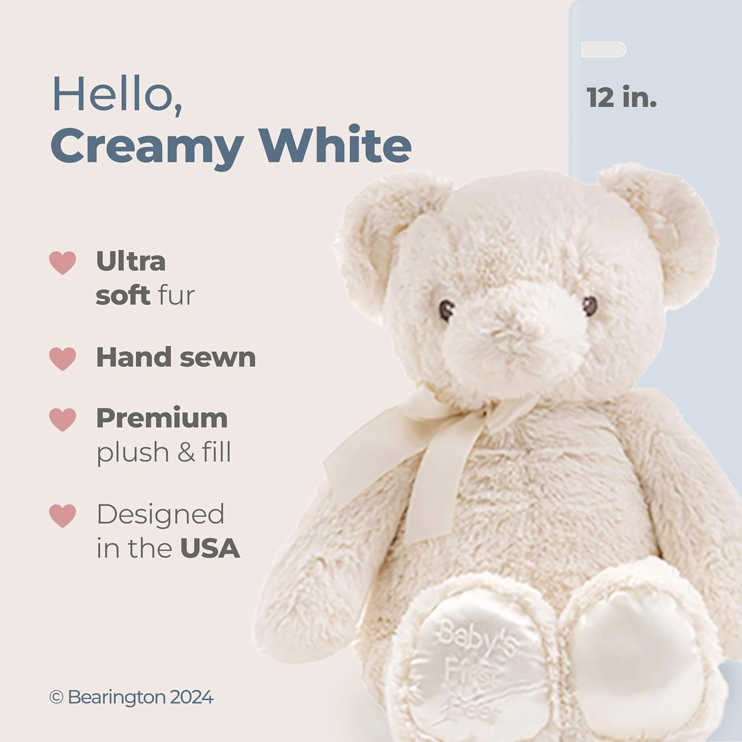 Bearington Baby's First Teddy Bear Plush, Creamy White, 12 Inch Creamy White Stuffed Animal