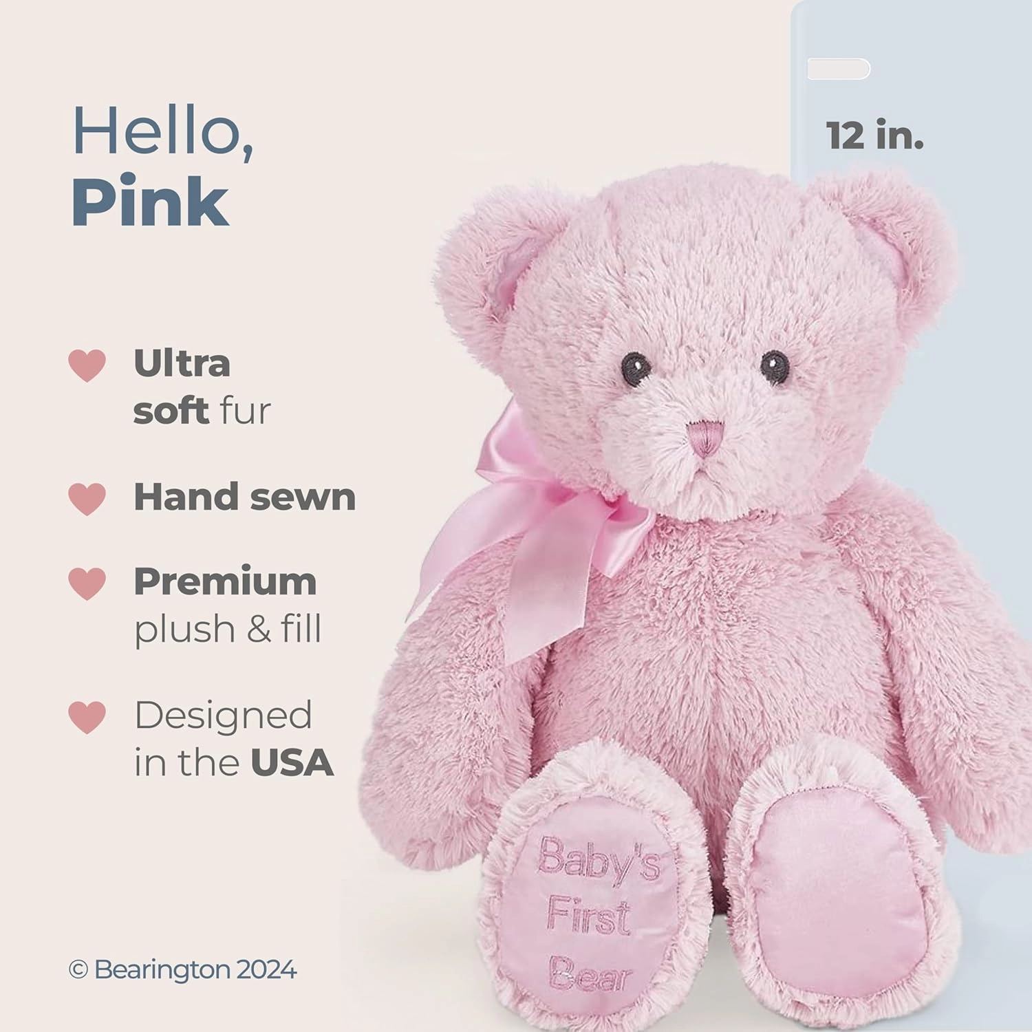 Bearington Baby's First Teddy Bear Plush, Pink, 12 Inch Stuffed Animal for Girls