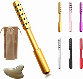 Beauty Roller, 4/5 Holes Facial Massaging Portable Tool with Small Cloth Bag and Scraping Board for All Women Lifting and Care, Manual Relaxation(Gold,5 Holes)