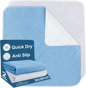 Bed Pads Washable Waterproof 34" x 36", 2 Pack Reusable Chuck Pads Incontinence Underpads Sheet Protector, Pee Pads for Adults, Elderly, Kids, Toddler and Pets, White and Blue