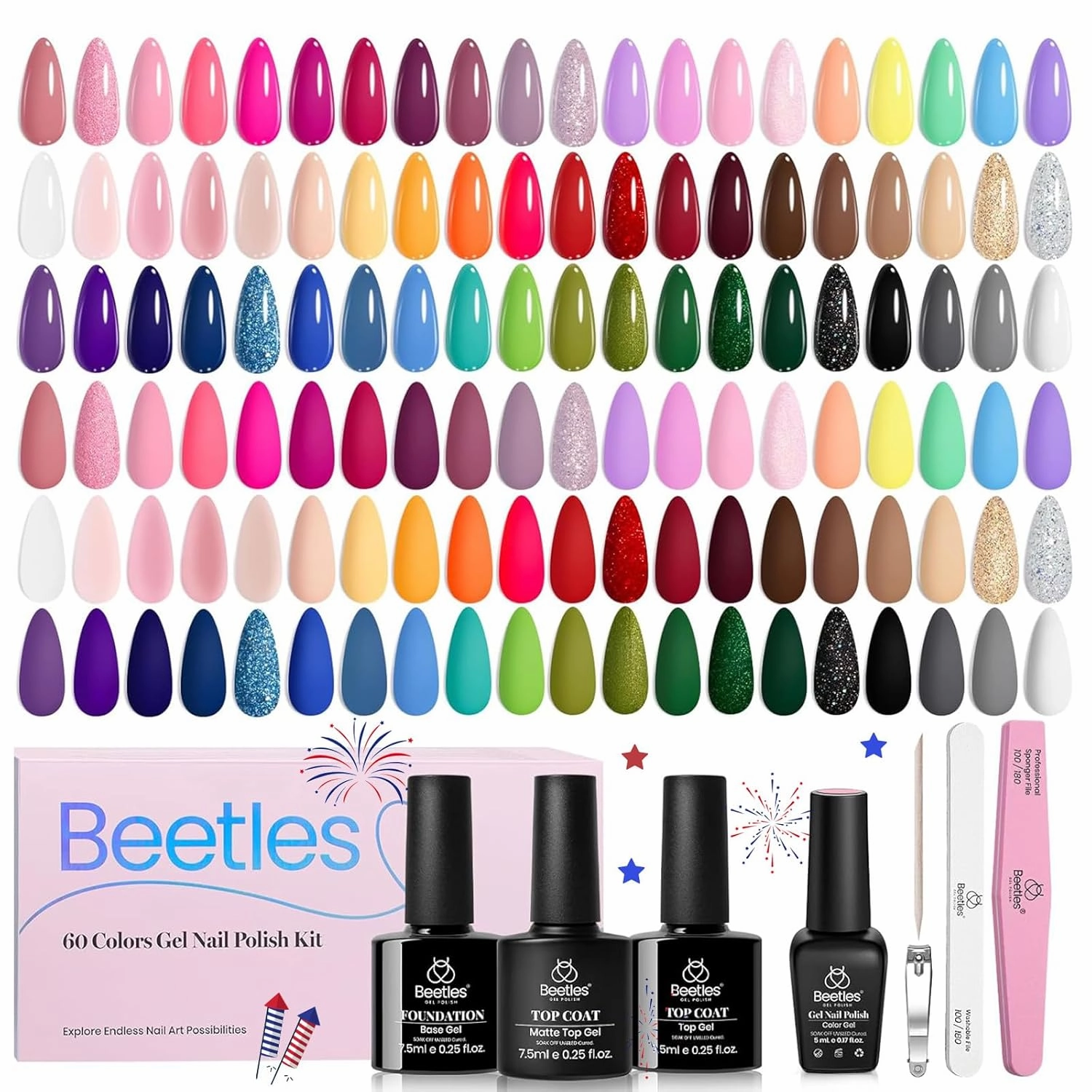 Beetles Gel Nail Polish Set, 70 Pcs 60 Colors Summer Gel Nail Polish Kit Nude Pink Jelly Pastel Neon Blue Red Green Glitter with Base Top Coat Manicure Gifts for Women Seasonal Harmony
