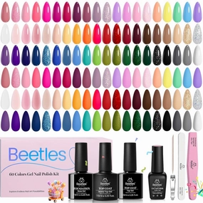 Beetles Gel Nail Polish Set, 70 Pcs 60 Colors Summer Gel Nail Polish Kit Nude Pink Jelly Pastel Neon Blue Red Green Glitter with Base Top Coat Manicure Gifts for Women Seasonal Harmony