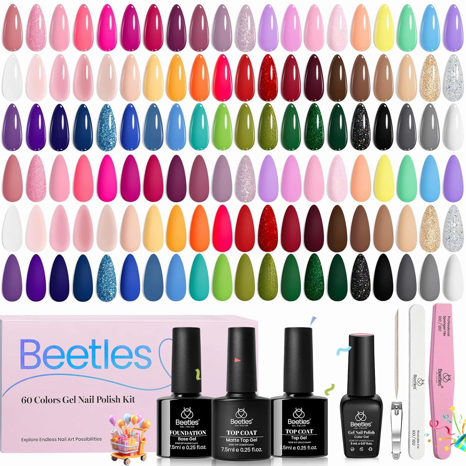 Beetles Gel Nail Polish Set, 70 Pcs 60 Colors Summer Gel Nail Polish Kit Nude Pink Jelly Pastel Neon Blue Red Green Glitter with Base Top Coat Manicure Gifts for Women Seasonal Harmony