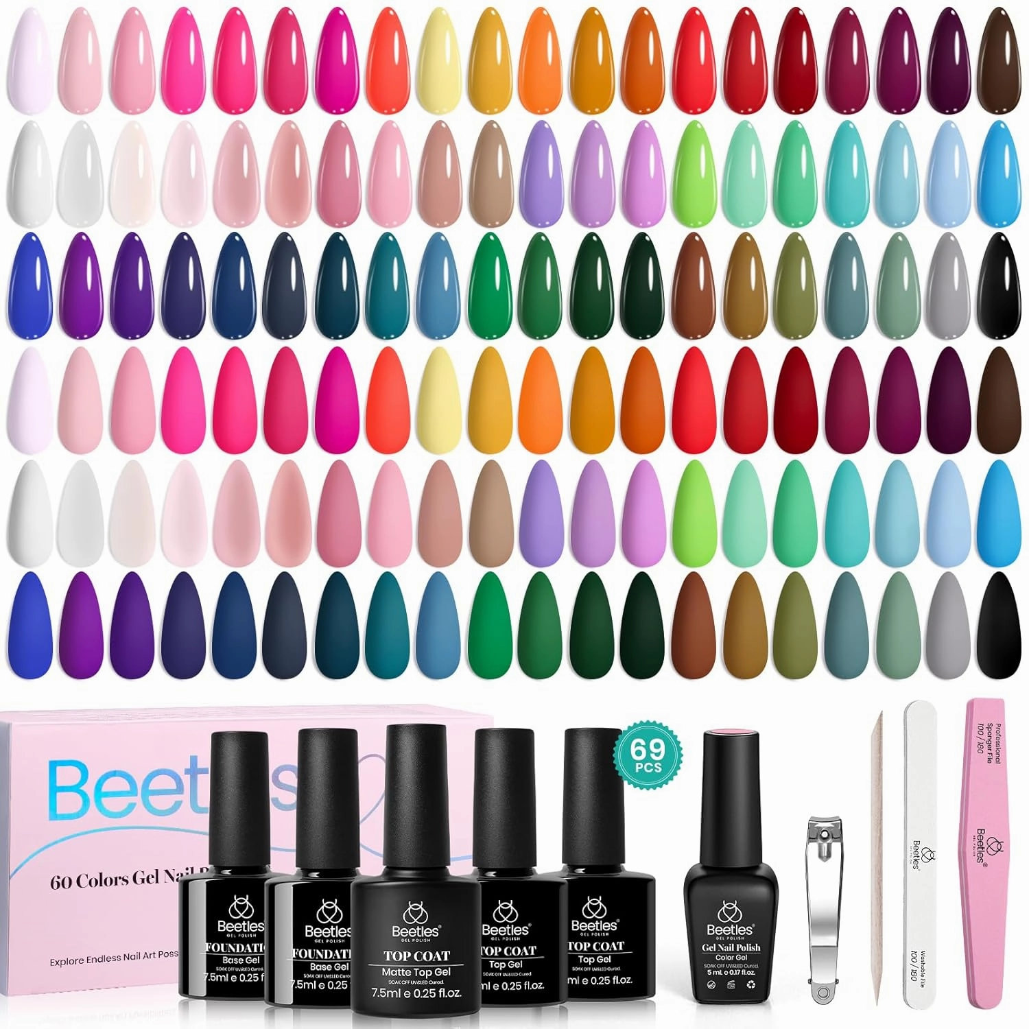 Beetles Gel Nail Polish Set - 69PCS 60 Colors Gel Polish Kit Base Coat Glossy & Matte Top Coat Soak off Emotional Spectrum Collection Red Black Nude White Neon All Seasons Gifts for Women