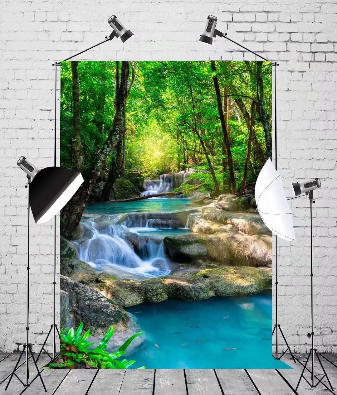 BELECO 5x7ft Fabric Green Forest Backdrop for Photography Small Waterfall Backdrop Spring Forest Natural Scenery Background Wallpaper Home Decor Kids Adults Portrait Photoshoot Studio Photo Props