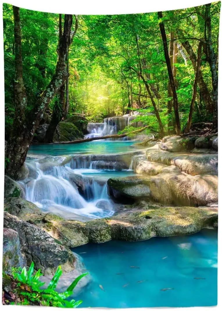 BELECO 5x7ft Fabric Green Forest Backdrop for Photography Small Waterfall Backdrop Spring Forest Natural Scenery Background Wallpaper Home Decor Kids Adults Portrait Photoshoot Studio Photo Props