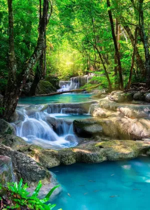 BELECO 5x7ft Fabric Green Forest Backdrop for Photography Small Waterfall Backdrop Spring Forest Natural Scenery Background Wallpaper Home Decor Kids Adults Portrait Photoshoot Studio Photo Props