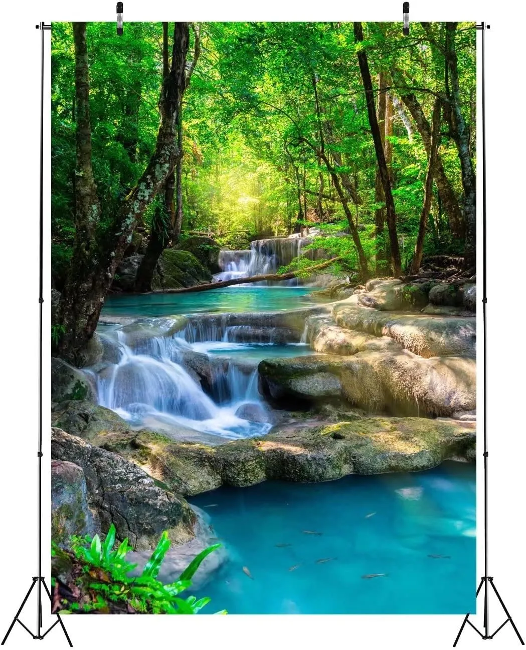 BELECO 5x7ft Fabric Green Forest Backdrop for Photography Small Waterfall Backdrop Spring Forest Natural Scenery Background Wallpaper Home Decor Kids Adults Portrait Photoshoot Studio Photo Props