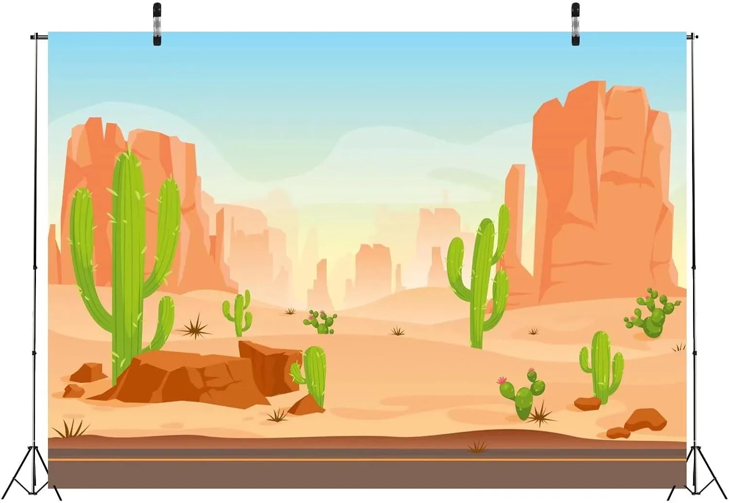 BELECO 8x6ft Fabric Cartoon Desert Cactus Backdrop Wildwest Desert Road Sand Dunes Photography Background Western Cowboy Cowgirl Baby Shower Birthday Party Decoration Baby Kids Portrait Photoshoot