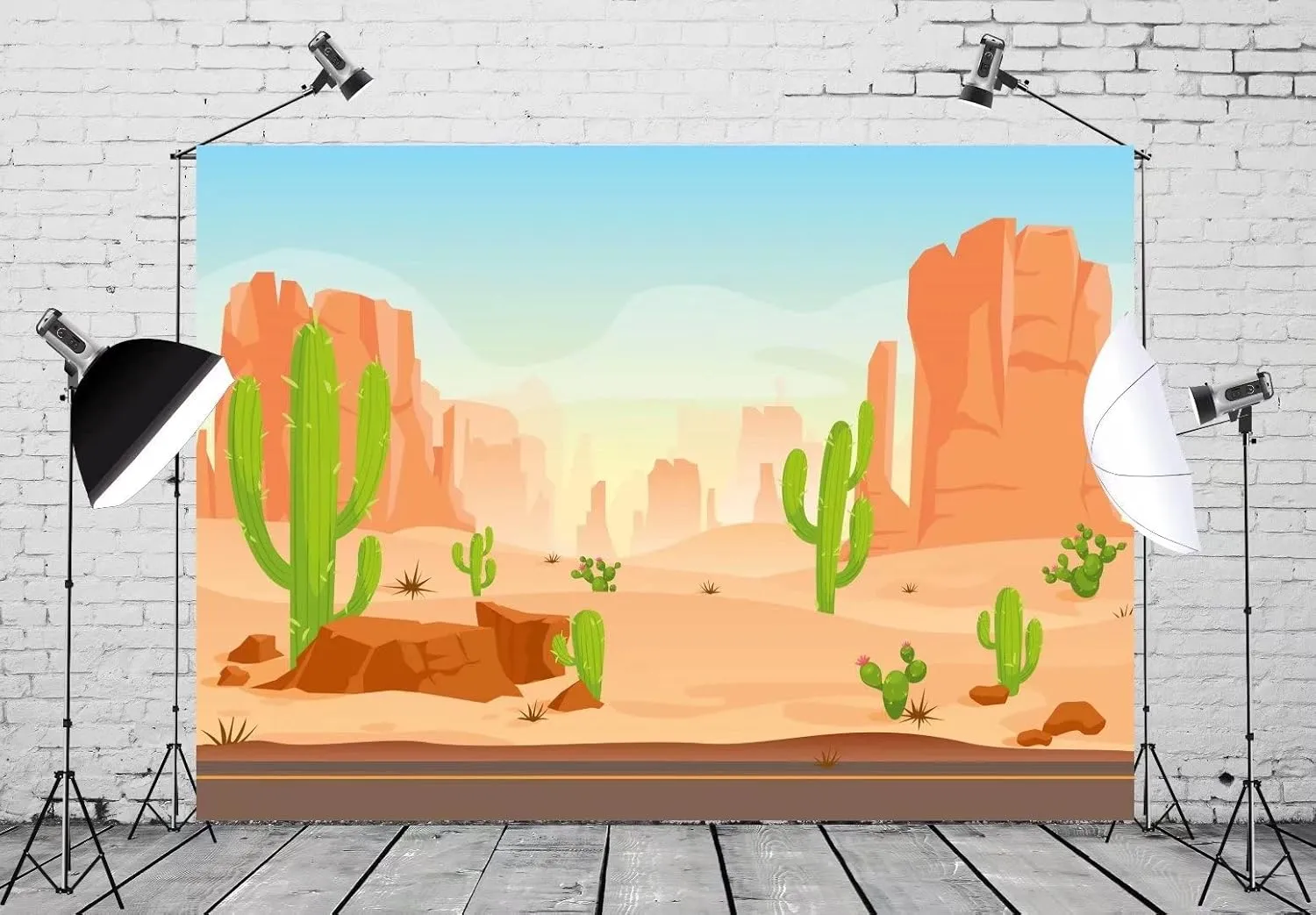 BELECO 8x6ft Fabric Cartoon Desert Cactus Backdrop Wildwest Desert Road Sand Dunes Photography Background Western Cowboy Cowgirl Baby Shower Birthday Party Decoration Baby Kids Portrait Photoshoot