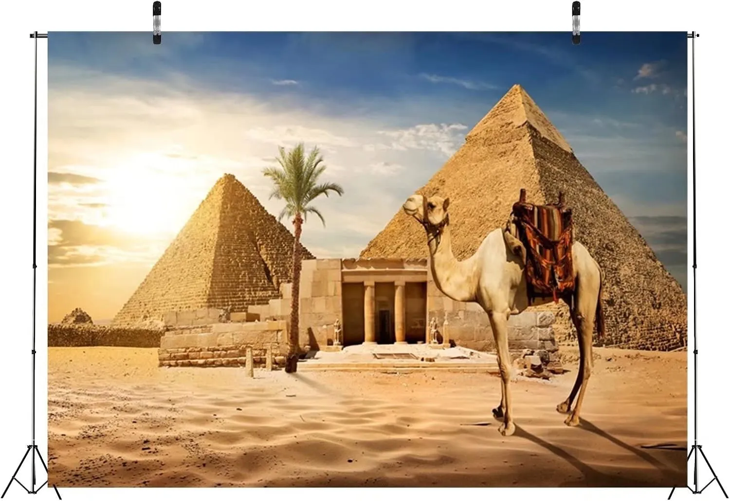BELECO 8x6ft Fabric Pyramids Backdrop Photography Ancient Egyptian Pyramid Camel Backdrop Giza Desert Scene Coconut Tree Sunset Sky Background Nature Wallpaper Africa Desert Travel Photo Shoot Props