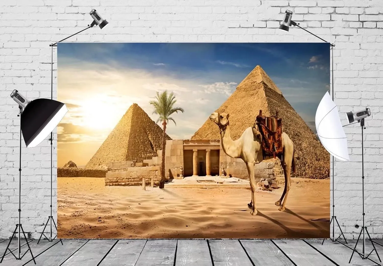 BELECO 8x6ft Fabric Pyramids Backdrop Photography Ancient Egyptian Pyramid Camel Backdrop Giza Desert Scene Coconut Tree Sunset Sky Background Nature Wallpaper Africa Desert Travel Photo Shoot Props