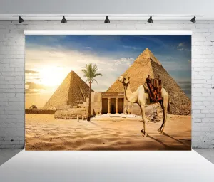 BELECO 8x6ft Fabric Pyramids Backdrop Photography Ancient Egyptian Pyramid Camel Backdrop Giza Desert Scene Coconut Tree Sunset Sky Background Nature Wallpaper Africa Desert Travel Photo Shoot Props