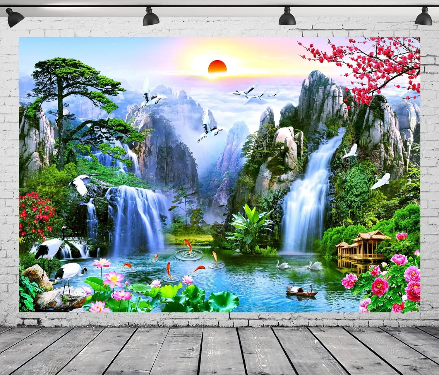 BELECO 9x6ft Fabric Fairyland Mountain Lake Photography Backdrop Waterfalls Swans Fish Flowers Dreamy Natural Landscape Painting Background Wall Murals Home Decor Kids Adults Portrait Photoshoot
