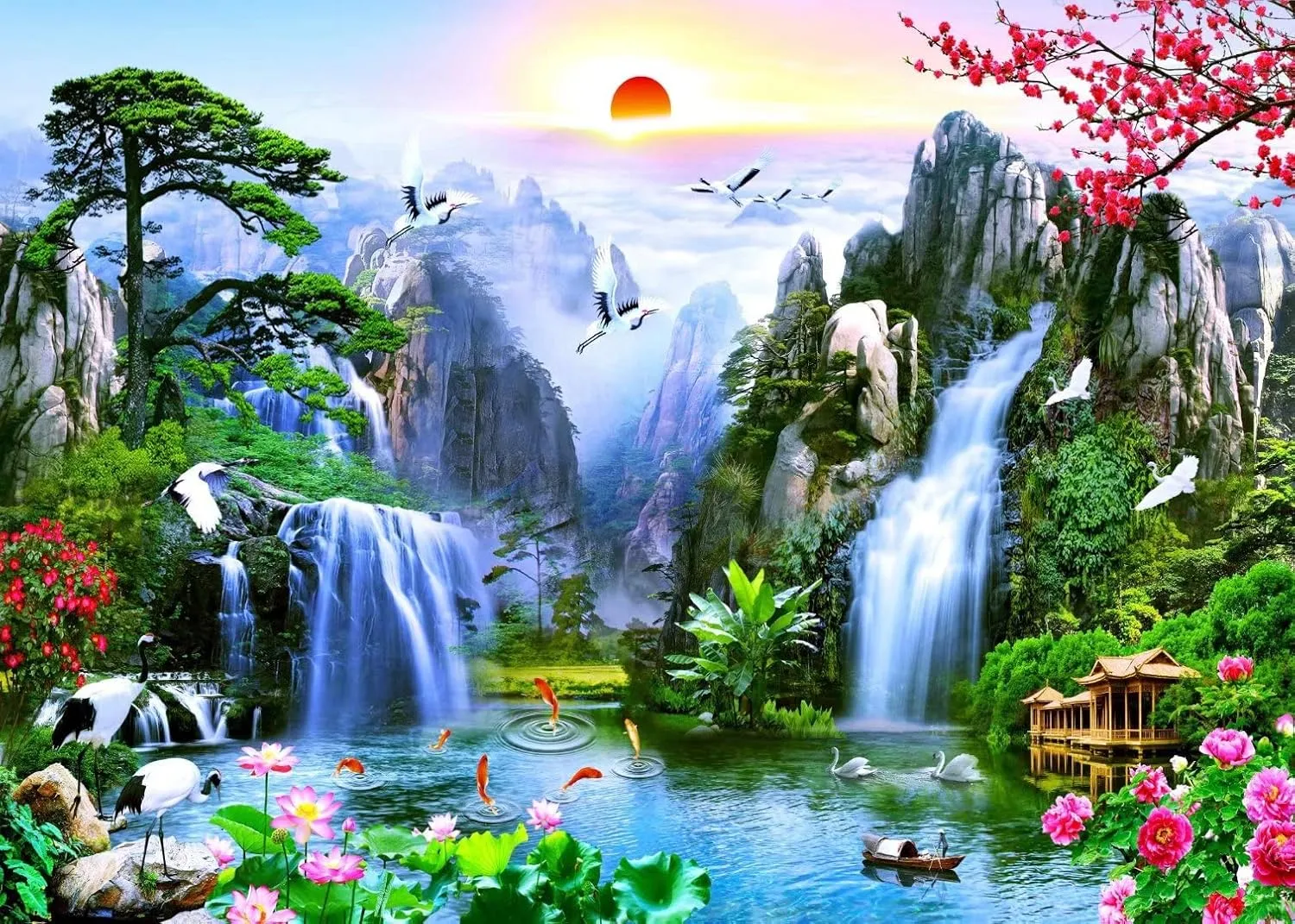 BELECO 9x6ft Fabric Fairyland Mountain Lake Photography Backdrop Waterfalls Swans Fish Flowers Dreamy Natural Landscape Painting Background Wall Murals Home Decor Kids Adults Portrait Photoshoot