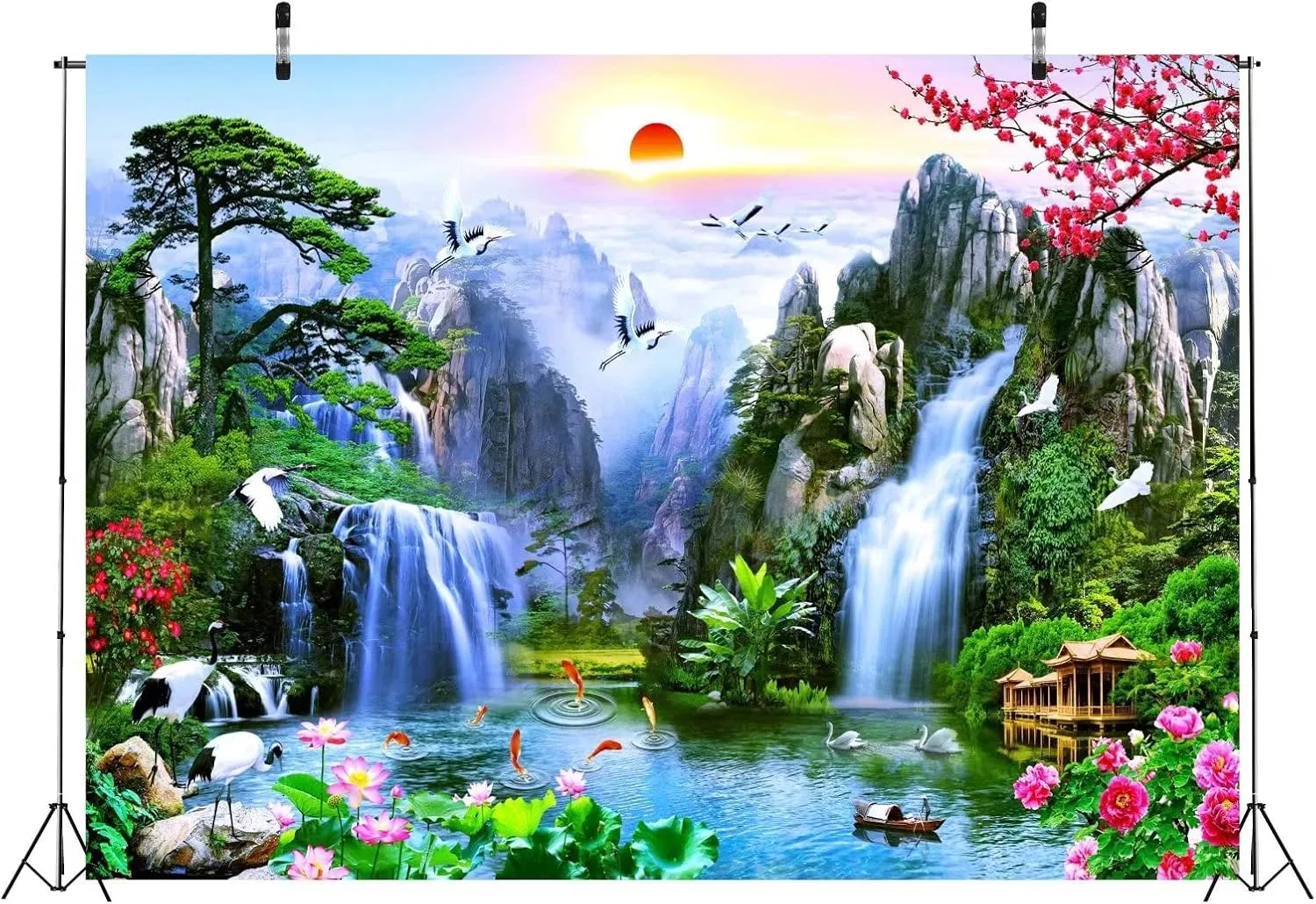 BELECO 9x6ft Fabric Fairyland Mountain Lake Photography Backdrop Waterfalls Swans Fish Flowers Dreamy Natural Landscape Painting Background Wall Murals Home Decor Kids Adults Portrait Photoshoot