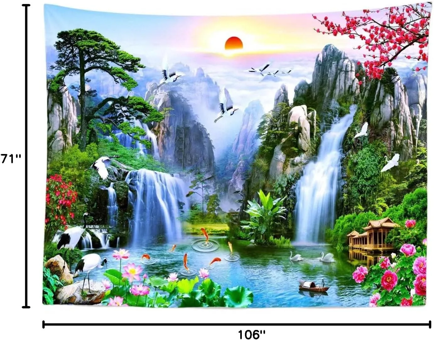 BELECO 9x6ft Fabric Fairyland Mountain Lake Photography Backdrop Waterfalls Swans Fish Flowers Dreamy Natural Landscape Painting Background Wall Murals Home Decor Kids Adults Portrait Photoshoot
