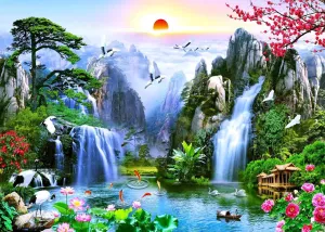 BELECO 9x6ft Fabric Fairyland Mountain Lake Photography Backdrop Waterfalls Swans Fish Flowers Dreamy Natural Landscape Painting Background Wall Murals Home Decor Kids Adults Portrait Photoshoot