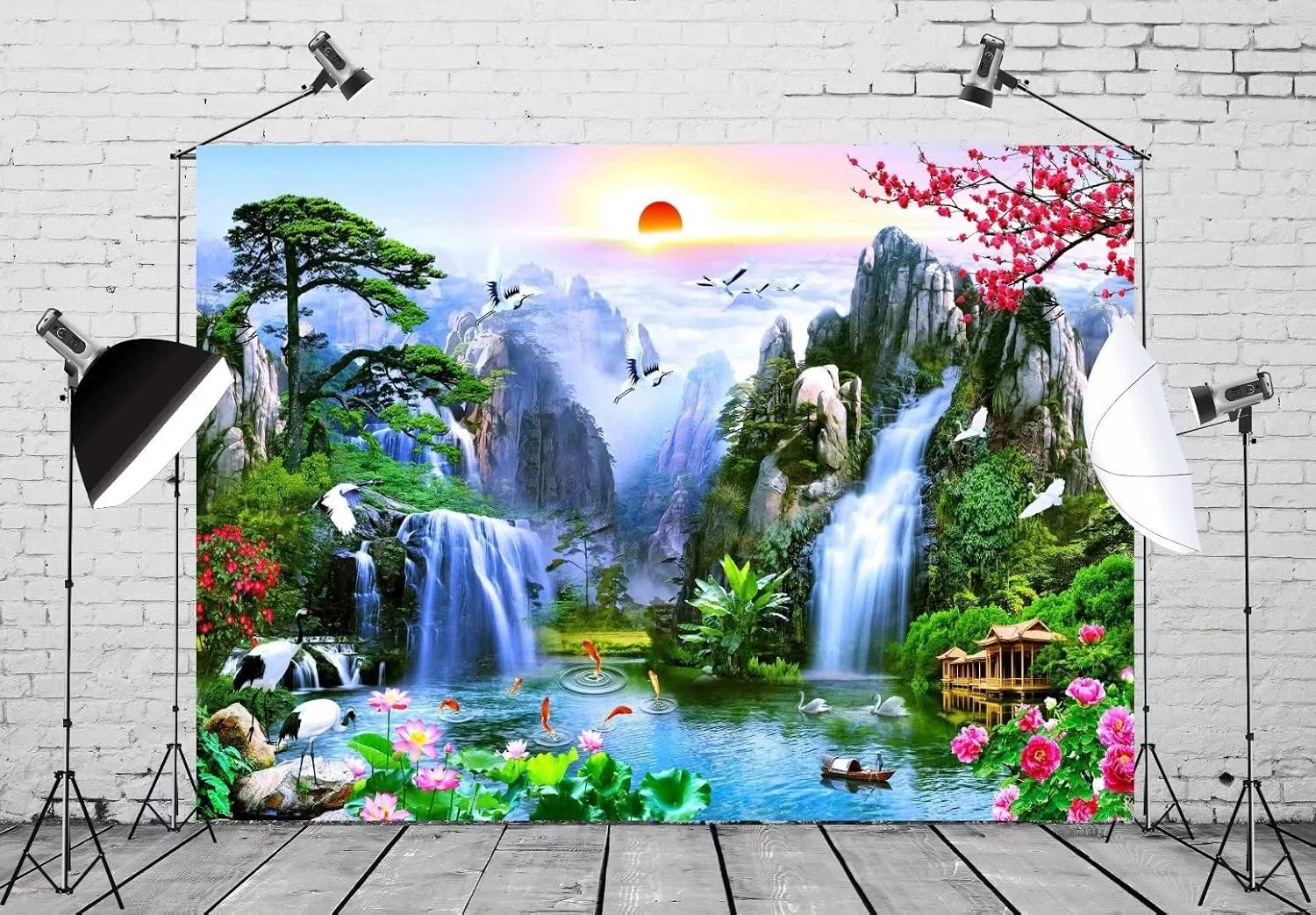 BELECO 9x6ft Fabric Fairyland Mountain Lake Photography Backdrop Waterfalls Swans Fish Flowers Dreamy Natural Landscape Painting Background Wall Murals Home Decor Kids Adults Portrait Photoshoot