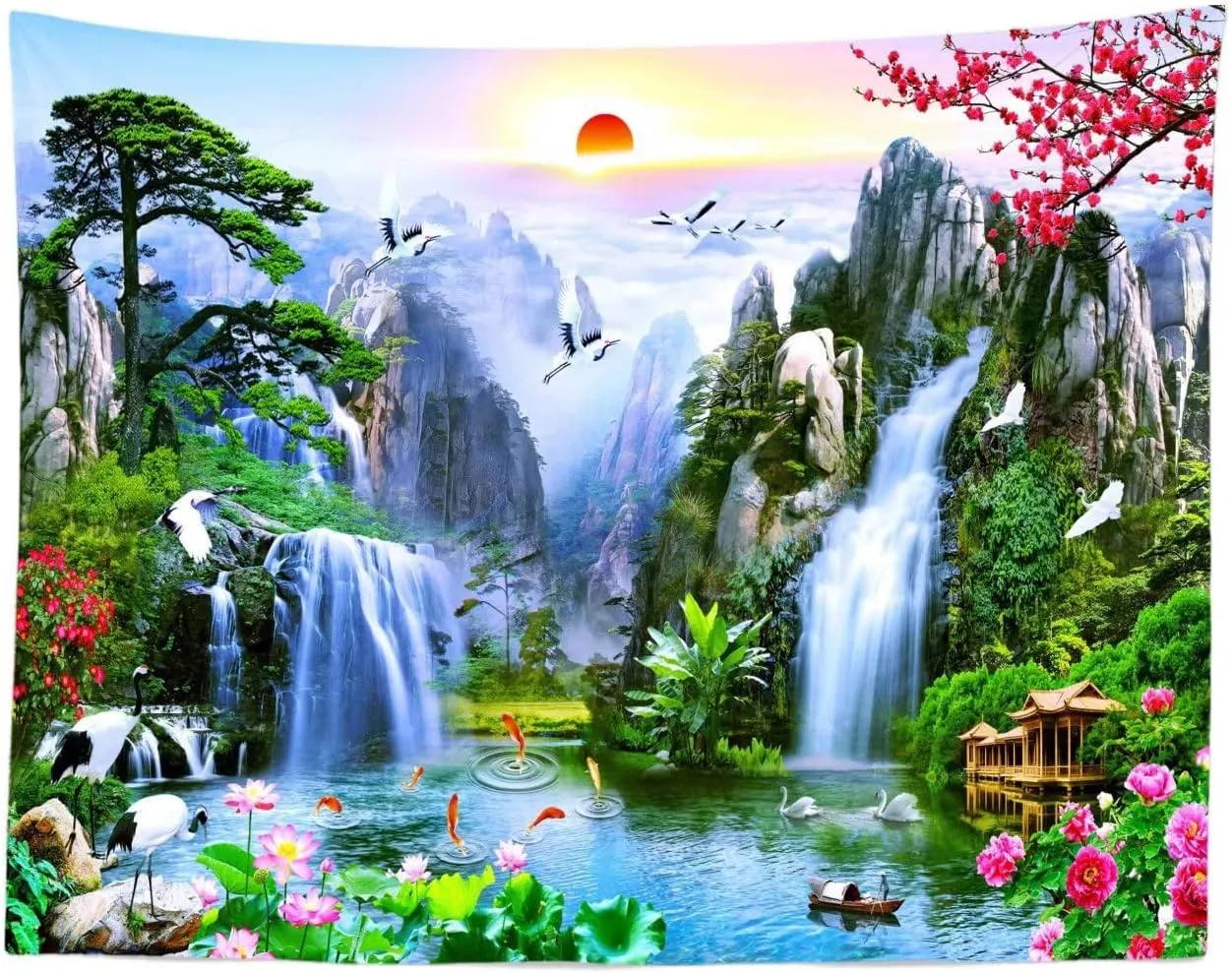 BELECO 9x6ft Fabric Fairyland Mountain Lake Photography Backdrop Waterfalls Swans Fish Flowers Dreamy Natural Landscape Painting Background Wall Murals Home Decor Kids Adults Portrait Photoshoot