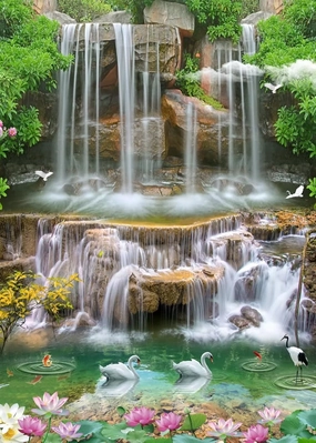 BELECO 5x7ft Fabric Forest Park Waterfall Backdrop Picturesque Swan Lake Lotus Pond Green Trees Scenery Photography Background Wallpaper Spring Summer Holiday Travel Portrait Photoshoot Props