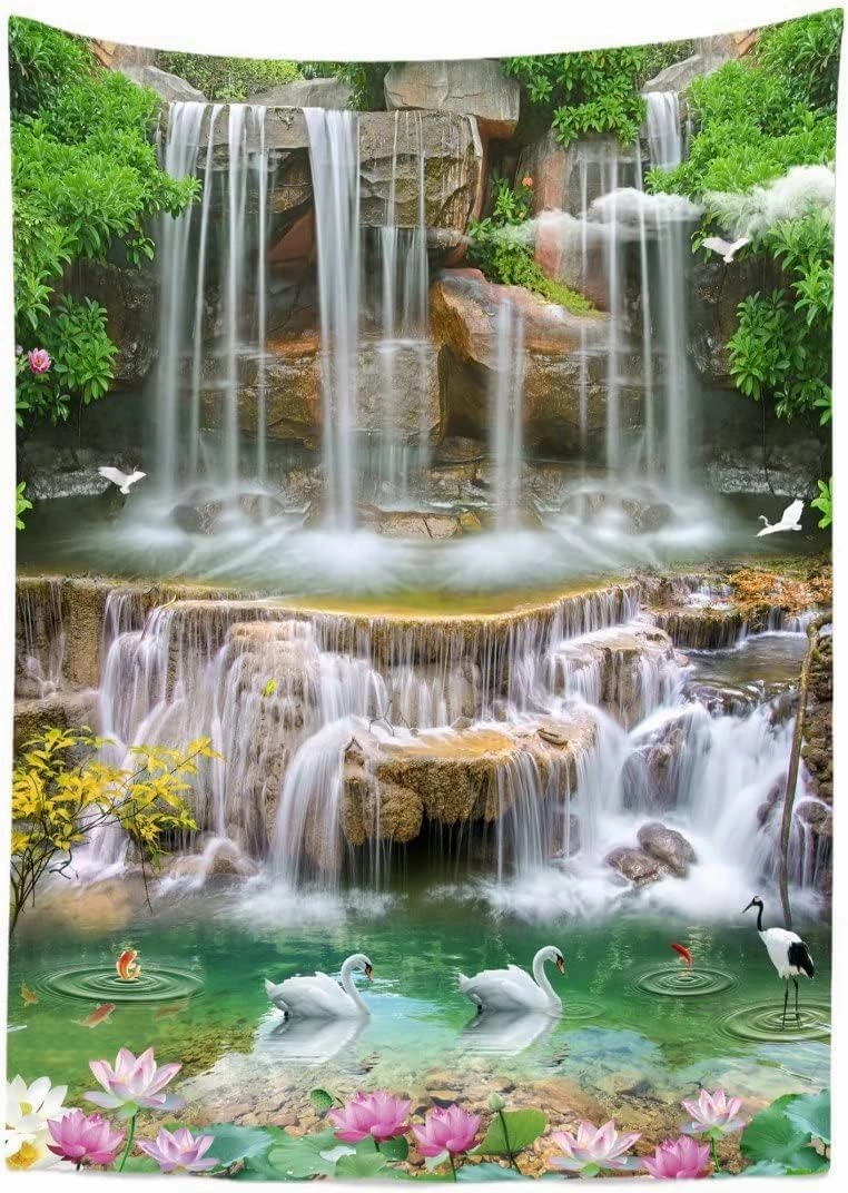 BELECO 5x7ft Fabric Forest Park Waterfall Backdrop Picturesque Swan Lake Lotus Pond Green Trees Scenery Photography Background Wallpaper Spring Summer Holiday Travel Portrait Photoshoot Props