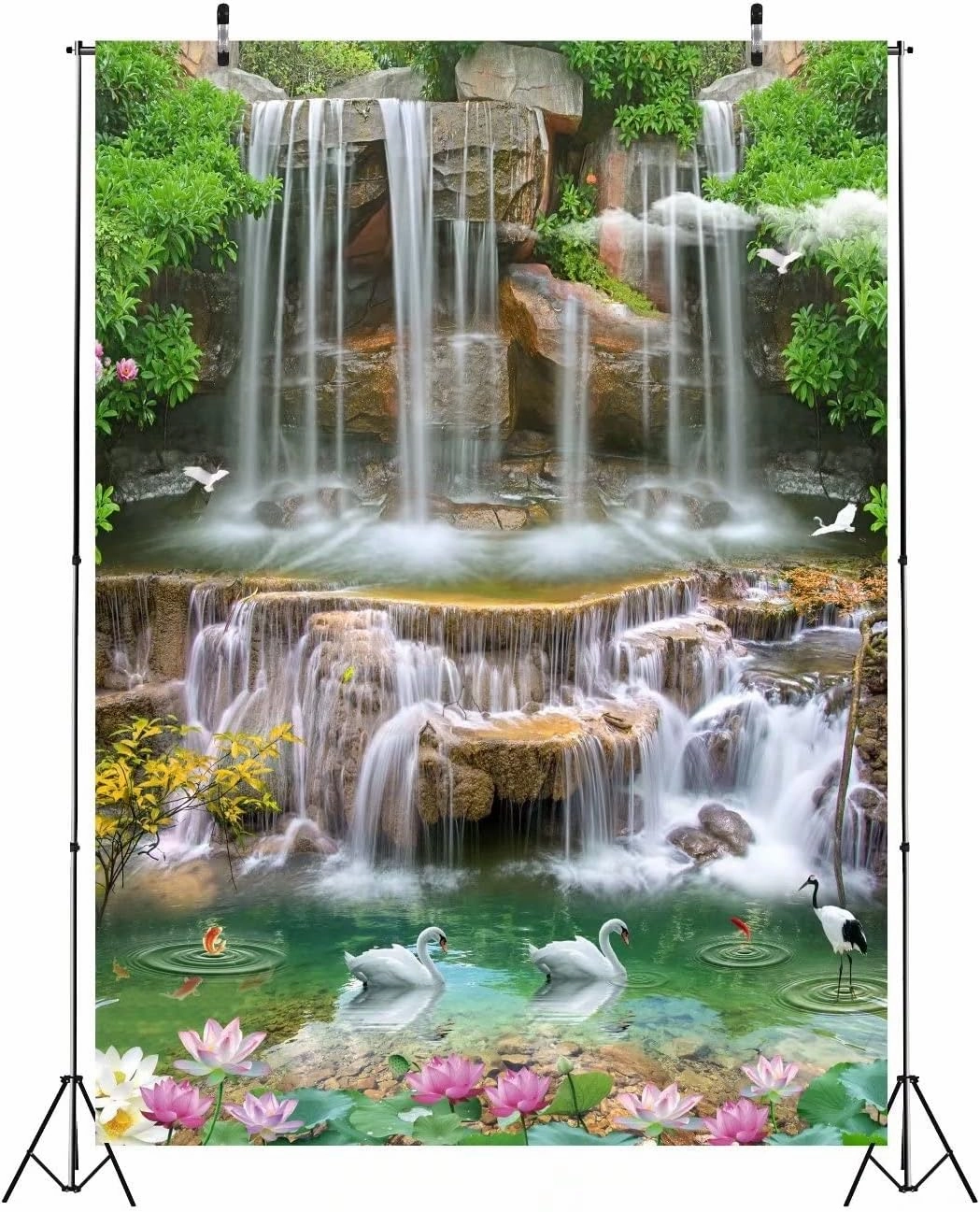 BELECO 5x7ft Fabric Forest Park Waterfall Backdrop Picturesque Swan Lake Lotus Pond Green Trees Scenery Photography Background Wallpaper Spring Summer Holiday Travel Portrait Photoshoot Props