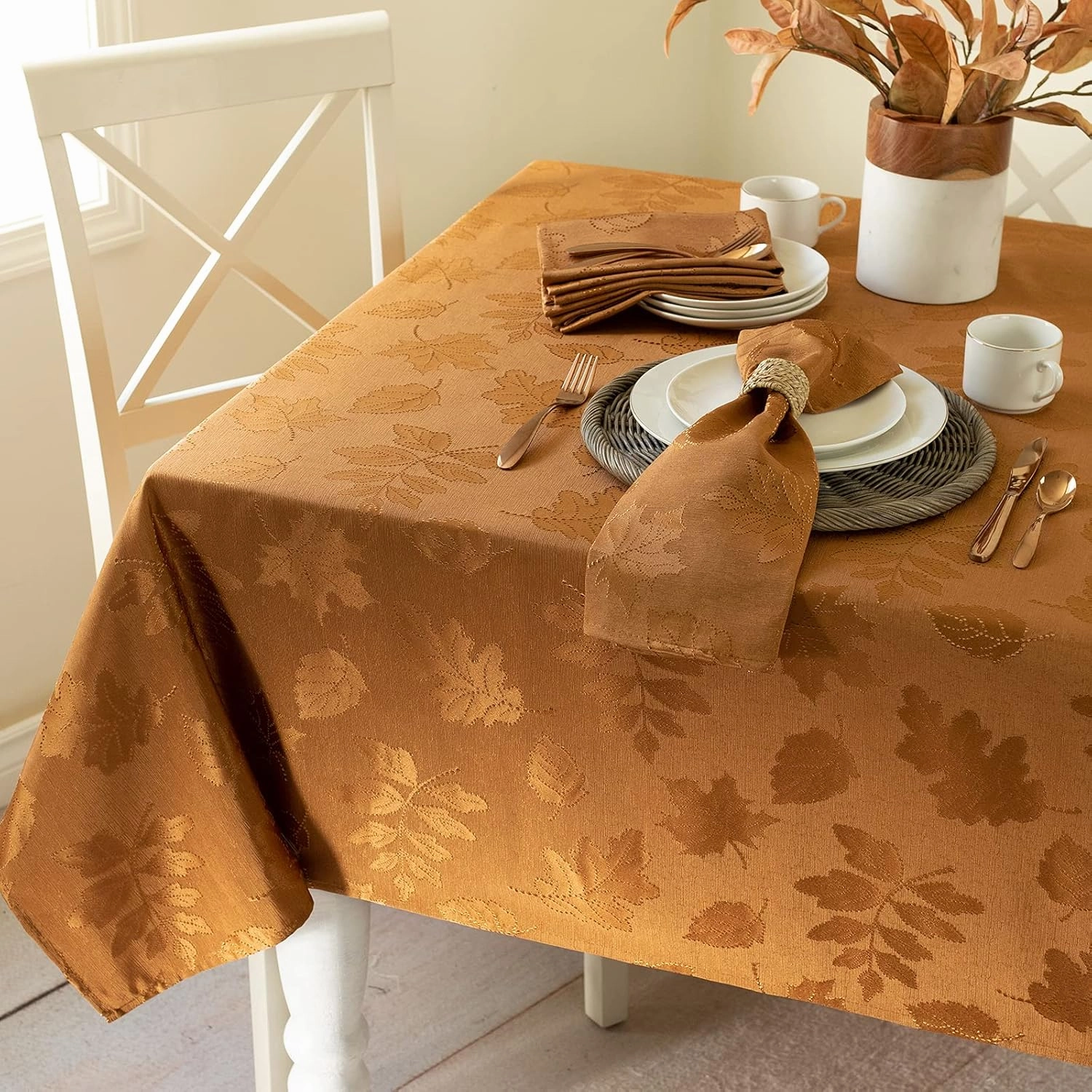 Benson Mills Harvest Legacy Damask Fabric Table Cloth Fall, Harvest, and Thanksgiving Tablecloth (Amber-Bronze, 60" x 140" Rectangular)