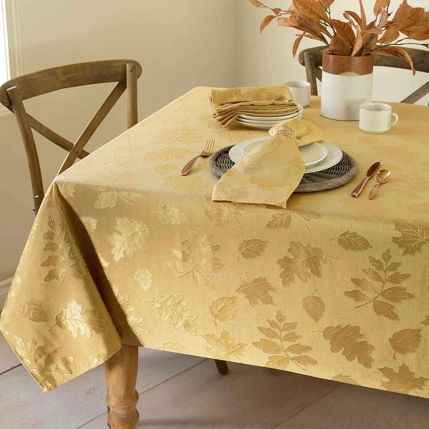Benson Mills Harvest Legacy Damask Fabric Table Cloth Fall, Harvest, and Thanksgiving Tablecloth (Gold, 60" x 120" Rectangular)