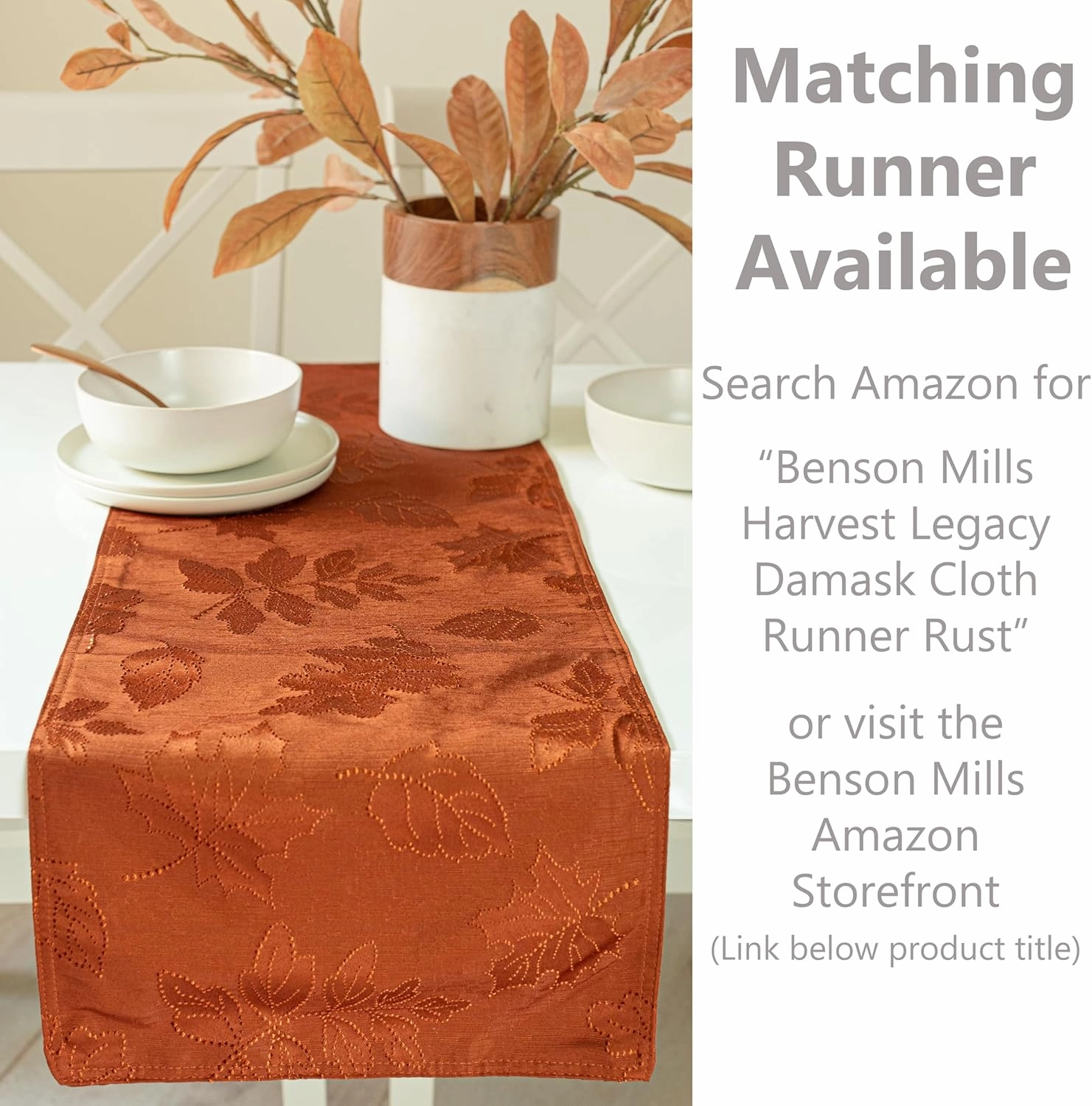 Benson Mills Harvest Legacy Damask Fabric Table Cloth Fall, Harvest, and Thanksgiving Tablecloth (Rust/Burnt Orange, 60" x 140" Rectangular)