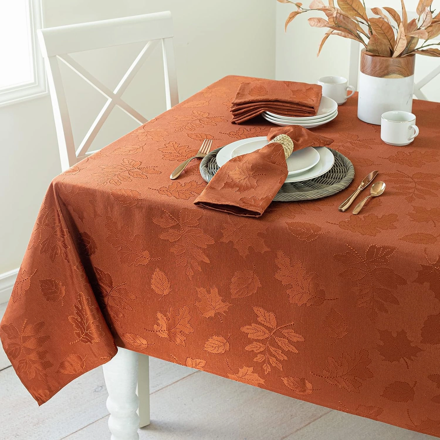 Benson Mills Harvest Legacy Damask Fabric Table Cloth Fall, Harvest, and Thanksgiving Tablecloth (Rust/Burnt Orange, 60" x 140" Rectangular)