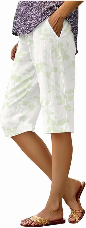 Bermuda Shorts for Women Knee Length Cotton Linen Capris Elastic Waisted Pants Summer Beach Long Shorts with Pockets