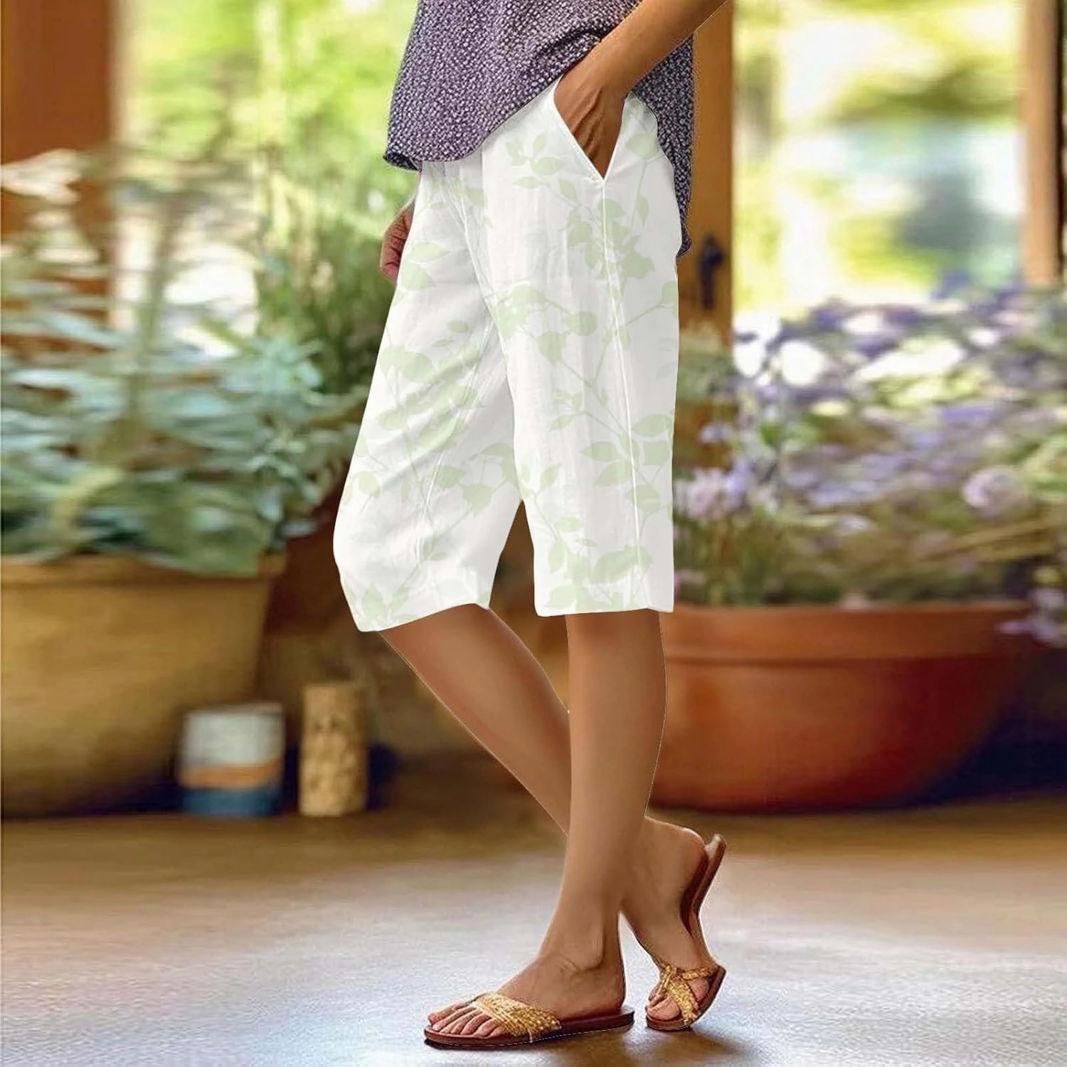 Bermuda Shorts for Women Knee Length Cotton Linen Capris Elastic Waisted Pants Summer Beach Long Shorts with Pockets