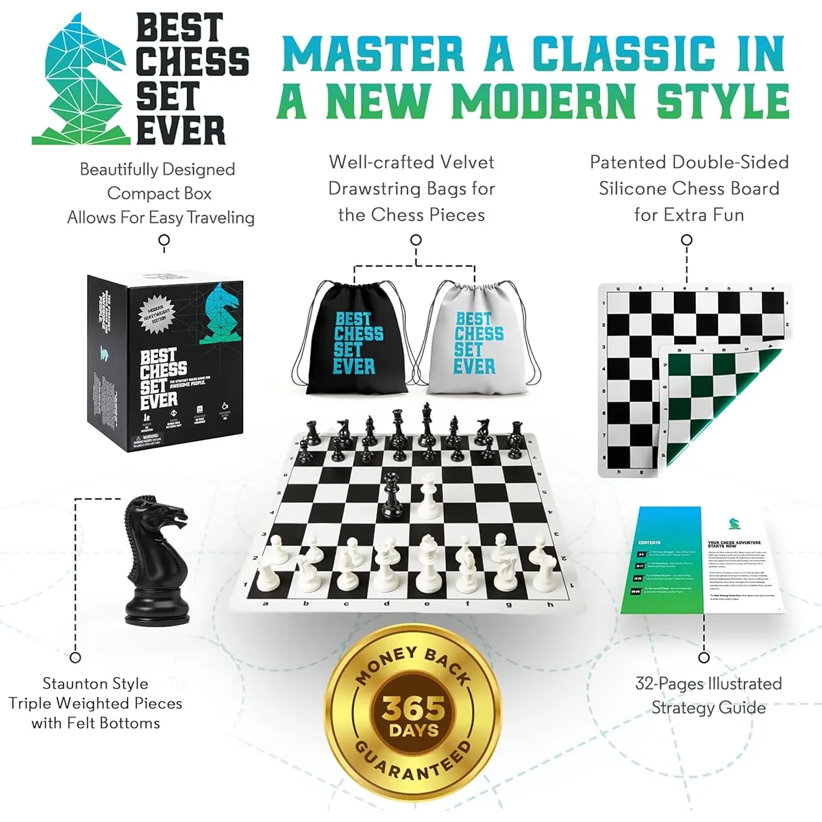 Best Chess Set Ever 3X Modern Chess Set 20" x 20" Foldable Silicone Board Triple Weight Modern Style Pieces Easy to Pack and Travel Modern Heavyweight Edition