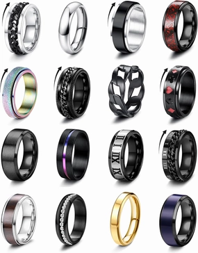 Besteel 16Pcs Stainless Steel Fidget Rings for Men Women Stress Anxiety Relief Rings Black Cool Chain Band Spinner Rings Set for Wedding Promise Mens Rings Pack