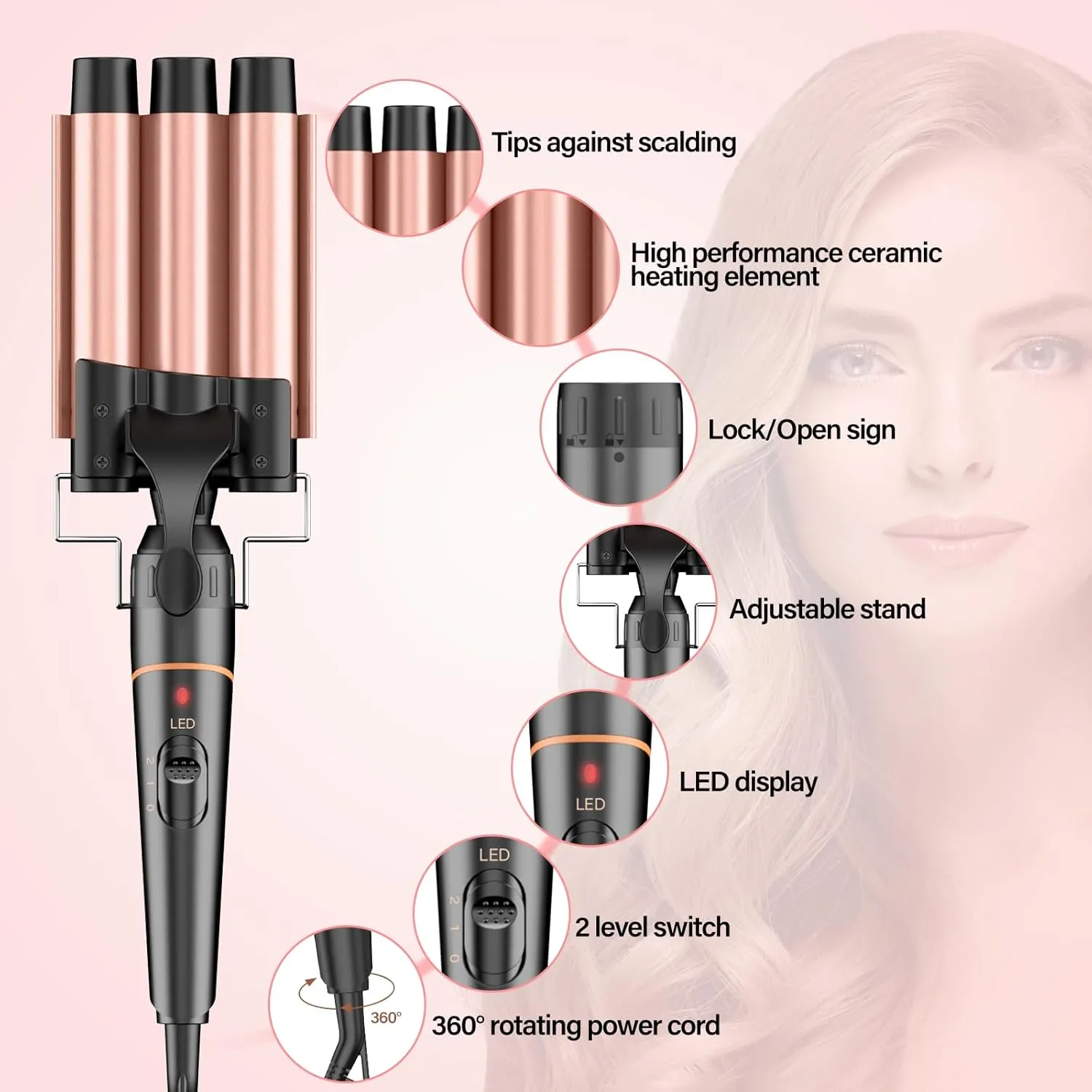 BESTOPE PRO Waver Curling Iron - 3 Barrel Hair Crimper Iron, 5 in 1 Curling Wand Set, Fast Heating Up Hair Wand with 2 Clips, Crimper Wand Curler for All Hair Type, Storage Bag & Heat Protective Glove