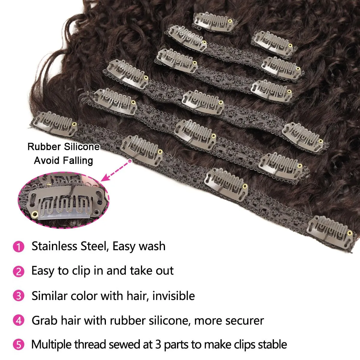 BHF 26 inch Kinky Curly Clip In Hair Extension, Double Weft Full Head Japanese Heat Resistance Fiber 140g Synthetic Hair Extensions For Women 7pieces (#Dark Reddish Brown)
