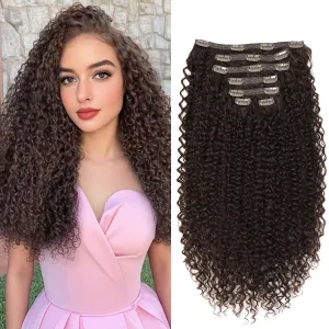 BHF 26 inch Kinky Curly Clip In Hair Extension, Double Weft Full Head Japanese Heat Resistance Fiber 140g Synthetic Hair Extensions For Women 7pieces (#Dark Reddish Brown)
