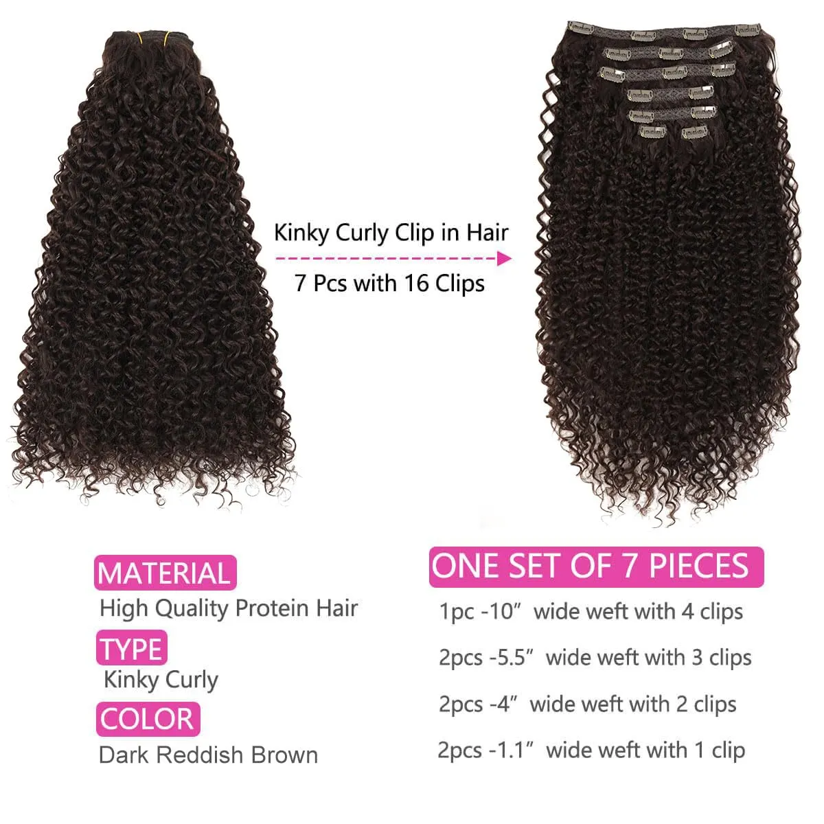 BHF 26 inch Kinky Curly Clip In Hair Extension, Double Weft Full Head Japanese Heat Resistance Fiber 140g Synthetic Hair Extensions For Women 7pieces (#Dark Reddish Brown)