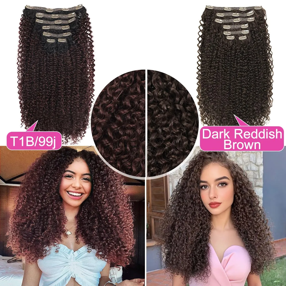 BHF 26 inch Kinky Curly Clip In Hair Extension, Double Weft Full Head Japanese Heat Resistance Fiber 140g Synthetic Hair Extensions For Women 7pieces (#Dark Reddish Brown)
