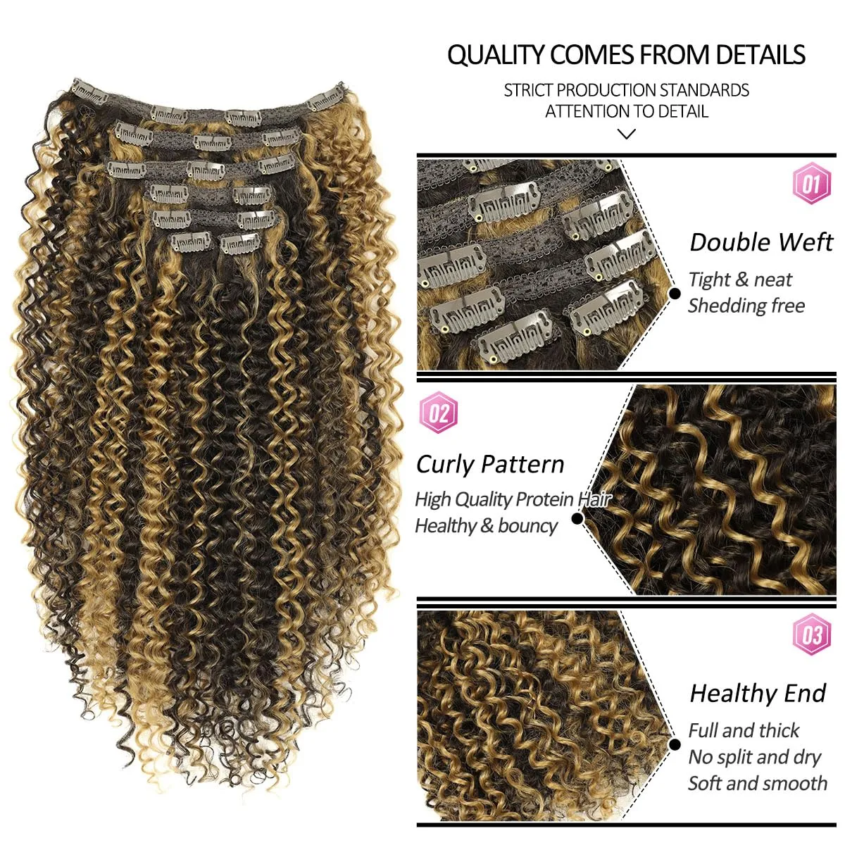 BHF 26 inch Kinky Curly Clip In Hair Extension, Double Weft Full Head Japanese Heat Resistance Fiber 140g Synthetic Hair Extensions For Women 7pieces (#P4/27)