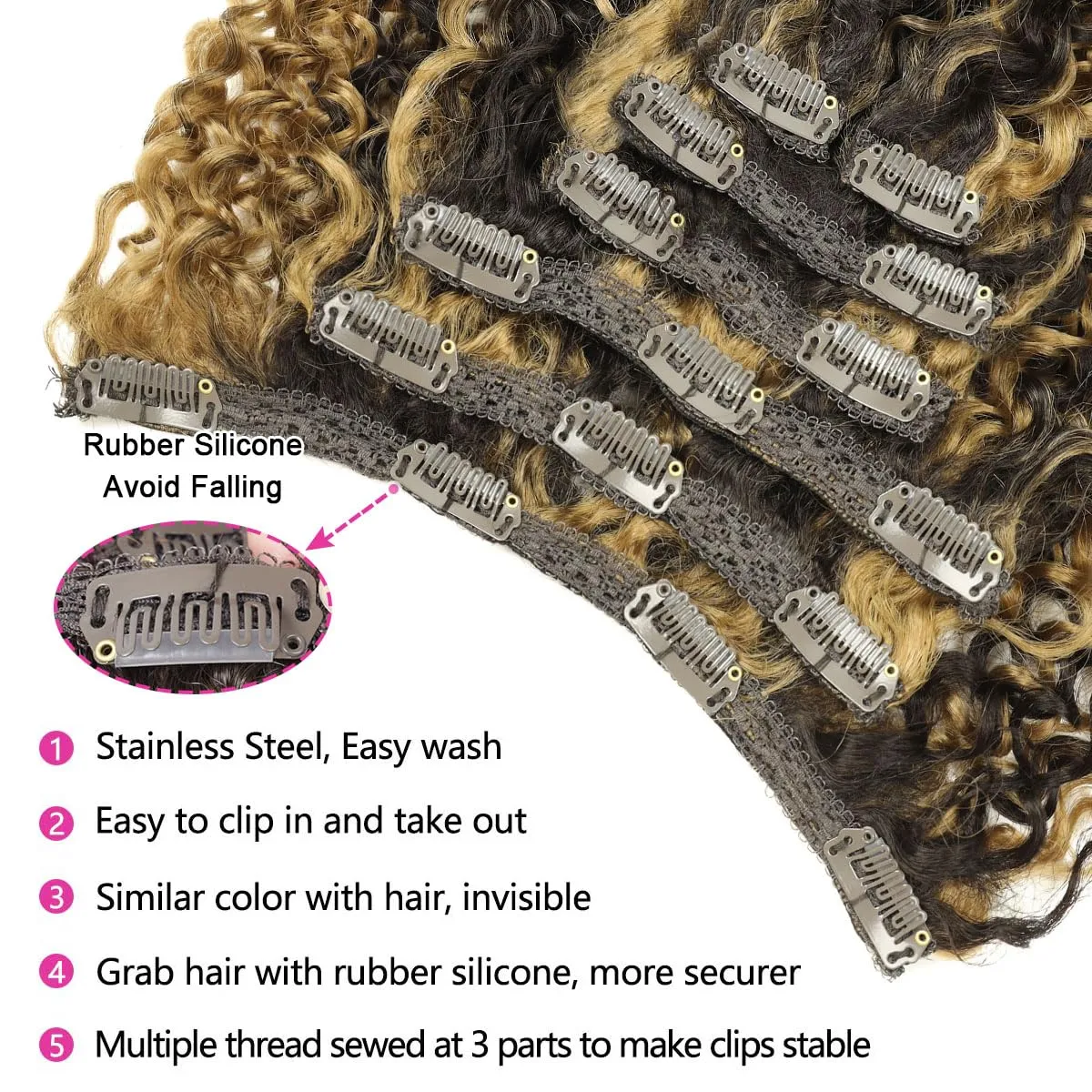 BHF 26 inch Kinky Curly Clip In Hair Extension, Double Weft Full Head Japanese Heat Resistance Fiber 140g Synthetic Hair Extensions For Women 7pieces (#P4/27)
