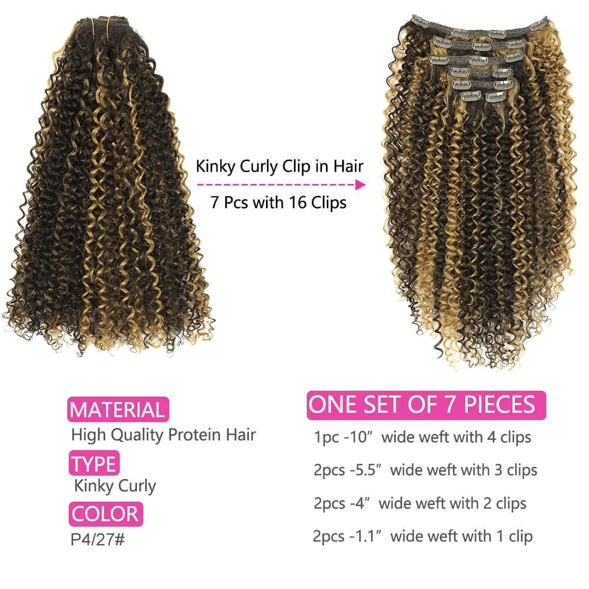 BHF 26 inch Kinky Curly Clip In Hair Extension, Double Weft Full Head Japanese Heat Resistance Fiber 140g Synthetic Hair Extensions For Women 7pieces (#P4/27)