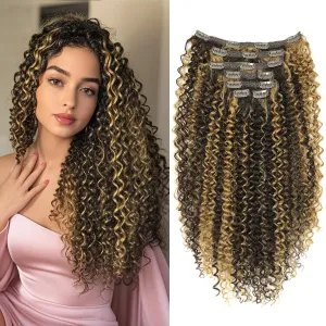 BHF 26 inch Kinky Curly Clip In Hair Extension, Double Weft Full Head Japanese Heat Resistance Fiber 140g Synthetic Hair Extensions For Women 7pieces (#P4/27)